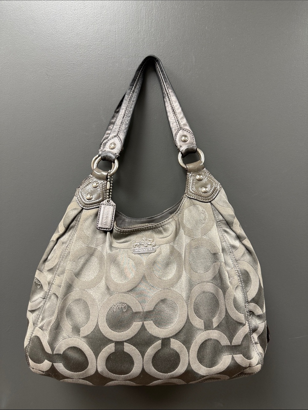 Coach Metallic Silver Opt Art Gray Signature Hobo Bag